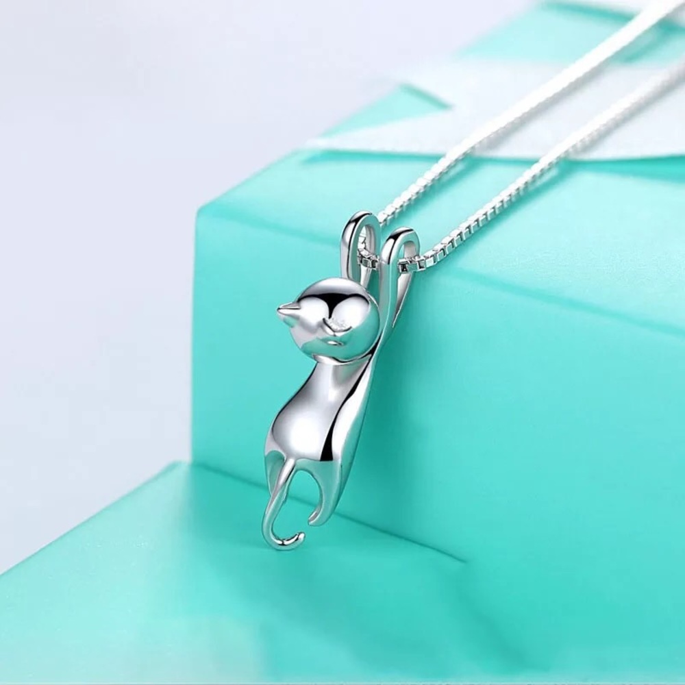 New Sterling Silver 925 Hanging Cat Necklace